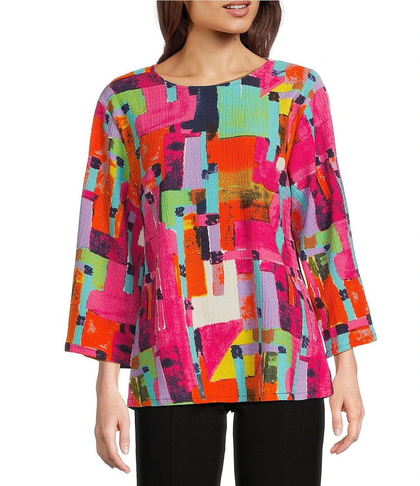 Calessa Petite Size Geometric Abstract Print Crew Neck 3/4 Sleeve Tunic
