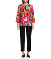 Calessa Petite Size Geometric Abstract Print Crew Neck 3/4 Sleeve Tunic
