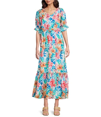 Calessa Petite Size Italian Floral Print V-Neck Short Sleeve Tiered Pull-On Shift Maxi Dress