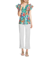 Calessa Petite Size Italian Floral Split V-Neck Ruffle Cap Sleeve Top