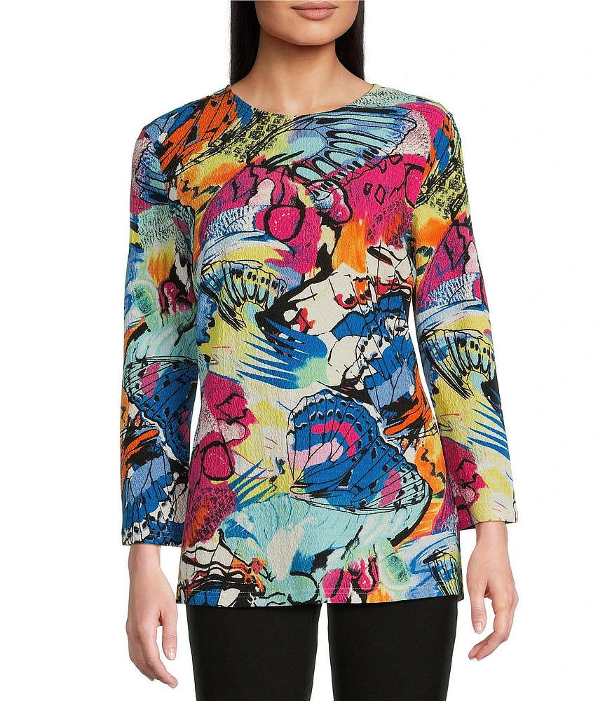 Calessa Petite Size Knit Abstract Butterfly Print Crew Neck 3/4 Sleeve Tunic