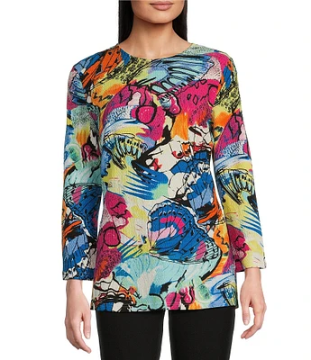 Calessa Petite Size Knit Abstract Butterfly Print Crew Neck 3/4 Sleeve Tunic