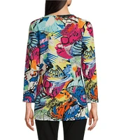 Calessa Petite Size Knit Abstract Butterfly Print Crew Neck 3/4 Sleeve Tunic