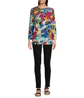 Calessa Petite Size Knit Abstract Butterfly Print Crew Neck 3/4 Sleeve Tunic