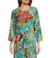 Calessa Petite Size Coordinating Knit Abstract Mosaic Print Crew Neck 3/4 Sleeve Tunic