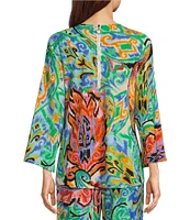 Calessa Petite Size Coordinating Knit Abstract Mosaic Print Crew Neck 3/4 Sleeve Tunic