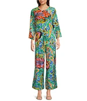 Calessa Petite Size Coordinating Knit Abstract Mosaic Print Crew Neck 3/4 Sleeve Tunic