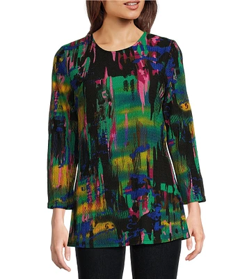 Calessa Petite Size Knit Brushstroke Abstract Print Crew Neck 3/4 Sleeve Tunic