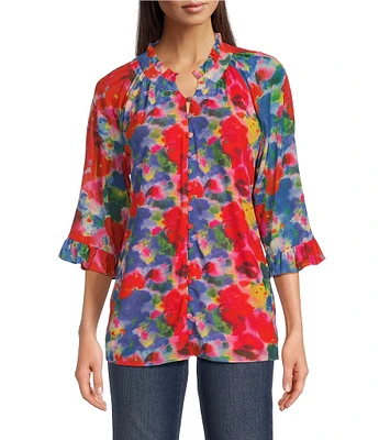 Calessa Petite Size Mesh Abstract Print Split V-Neck 3/4 Sleeve Button Front Tunic