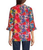 Calessa Petite Size Mesh Abstract Print Split V-Neck 3/4 Sleeve Button Front Tunic