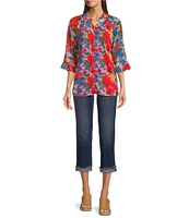 Calessa Petite Size Mesh Abstract Print Split V-Neck 3/4 Sleeve Button Front Tunic