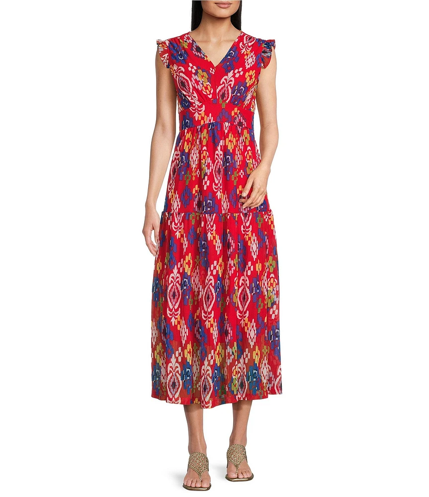 Calessa Petite Size Mesh Knit Abstract Ikat Print V-Neck Cap Sleeve Midi Dress