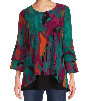 Calessa Petite Size Mesh Knit Abstract Print Crew Neck Bracelet Length Sleeve Double Layered Hem Tunic