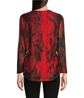 Calessa Petite Size Mesh Knit Abstract Print Crew Neck Long Sleeve Top