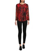 Calessa Petite Size Mesh Knit Abstract Print Crew Neck Long Sleeve Top