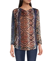 Calessa Petite Size Mesh Knit Abstract Snake Print Drape Neck Long Sleeve Top