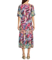 Calessa Petite Size Mesh Knit Floral V-Neck Short Sleeve A-Line Midi Dress