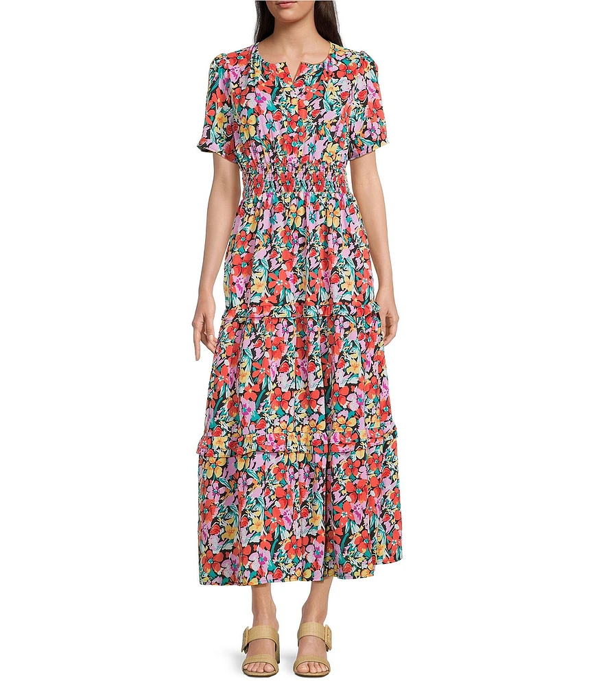 Calessa Petite Size Mesh Knit Floral V-Neck Short Sleeve Midi Dress