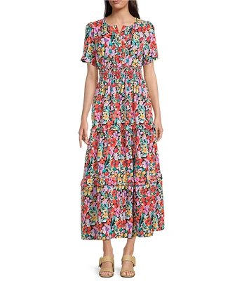 Calessa Petite Size Mesh Knit Floral V-Neck Short Sleeve Midi Dress