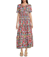 Calessa Petite Size Mesh Knit Floral V-Neck Short Sleeve Midi Dress