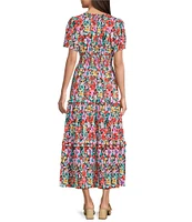 Calessa Petite Size Mesh Knit Floral V-Neck Short Sleeve Midi Dress