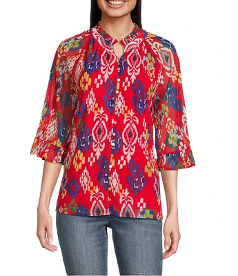 Calessa Petite Size Mesh Knit Printed Round Split Neck 3/4 Sleeve Button-Front Tunic