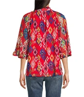 Calessa Petite Size Mesh Knit Printed Round Split Neck 3/4 Sleeve Button-Front Tunic