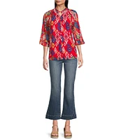 Calessa Petite Size Mesh Knit Printed Round Split Neck 3/4 Sleeve Button-Front Tunic
