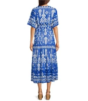 Calessa Petite Size Mesh Knit Printed V-Neck Short Sleeve Maxi Dress