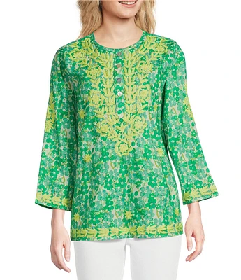 Calessa Petite Size Mini Floral Embroidered Round Neck Wrist Length Sleeve Tunic