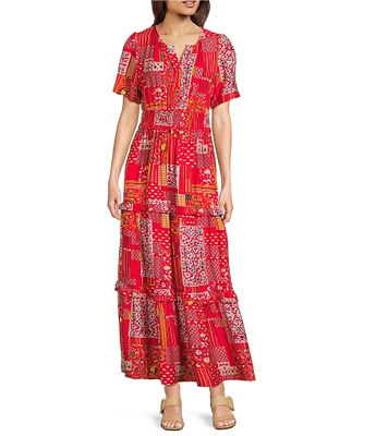 Calessa Petite Size Mini Garden Floral Split V-Neck Short Sleeve Tiered Dress