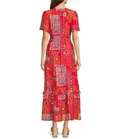 Calessa Petite Size Mini Garden Floral Split V-Neck Short Sleeve Tiered Dress