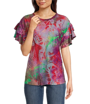 Calessa Petite Size Modern Floral Print Crew Neck Double Layer Short Sleeve Tunic