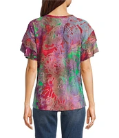Calessa Petite Size Modern Floral Print Crew Neck Double Layer Short Sleeve Tunic