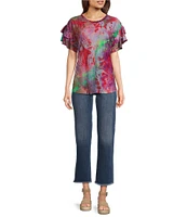 Calessa Petite Size Modern Floral Print Crew Neck Double Layer Short Sleeve Tunic