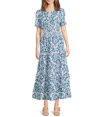 Calessa Petite Size Modern Ikat Print Split V-Neck Short Sleeve Tiered Maxi Dress
