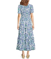 Calessa Petite Size Modern Ikat Print Split V-Neck Short Sleeve Tiered Maxi Dress