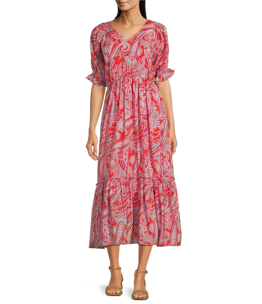 Calessa Petite Size Modern Paisley V-Neck Elbow Sleeve A-Line Tiered Midi Dress