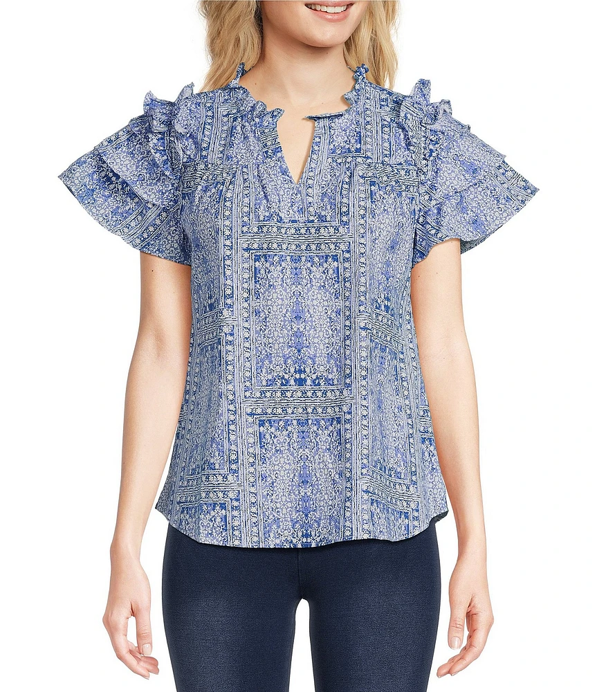 Calessa Petite Size Mosaic Print Split V Neck Short Sleeve Ruffle Top