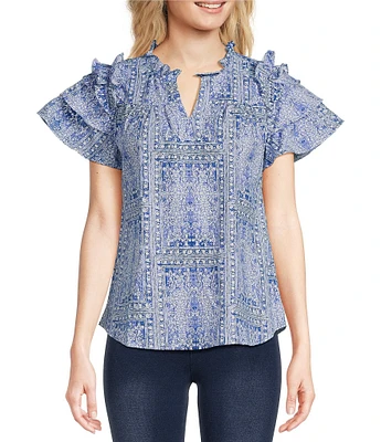 Calessa Petite Size Mosaic Print Split V Neck Short Sleeve Ruffle Top