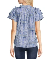 Calessa Petite Size Mosaic Print Split V Neck Short Sleeve Ruffle Top