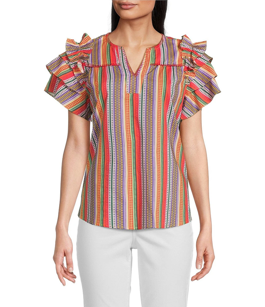 Calessa Petite Size Multi Stripe Split V-Neck Short Ruffle Sleeve Tunic