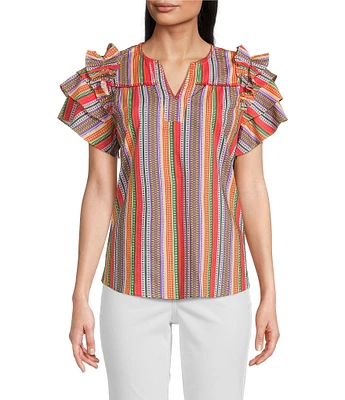 Calessa Petite Size Multi Stripe Split V-Neck Short Ruffle Sleeve Tunic