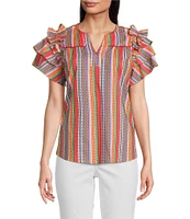 Calessa Petite Size Multi Stripe Split V-Neck Short Ruffle Sleeve Tunic