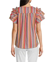 Calessa Petite Size Multi Stripe Split V-Neck Short Ruffle Sleeve Tunic