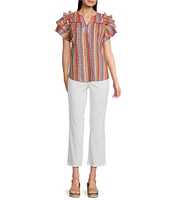 Calessa Petite Size Multi Stripe Split V-Neck Short Ruffle Sleeve Tunic
