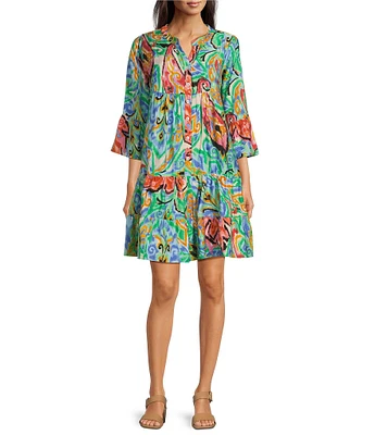 Calessa Petite Size New Mosaic Print Band Collar Split V-Neck 3/4 Sleeve Tiered Shift Dress