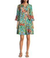 Calessa Petite Size New Mosaic Print Band Collar Split V-Neck 3/4 Sleeve Tiered Shift Dress