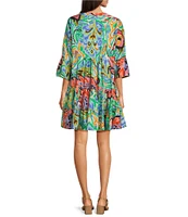 Calessa Petite Size New Mosaic Print Band Collar Split V-Neck 3/4 Sleeve Tiered Shift Dress