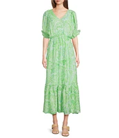 Calessa Petite Size Paisley Print V-Neck Elbow Sleeve Tiered Midi Dress